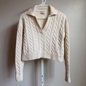 Sunday Best Womens 2XS Cable Knit Cropped Collared Sweater Pullover Cream